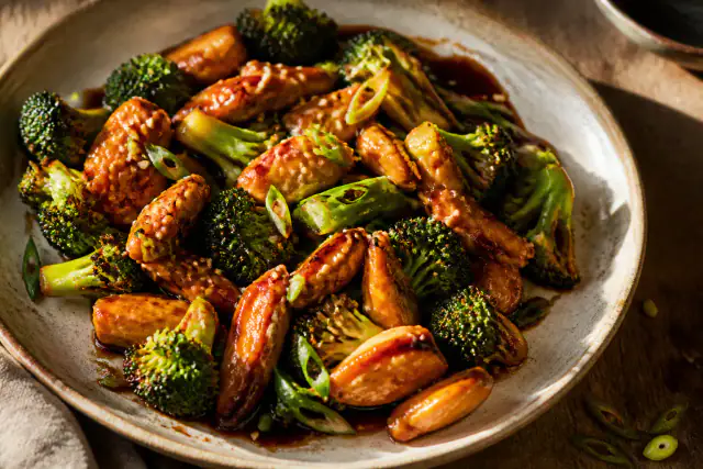 Poulet teriyaki brillant avec brocoli vert et oignons nouveaux