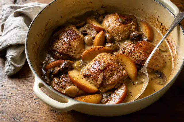 Poulet vallée d’Auge avec pommes dorées et champignons dans une sauce au cidre