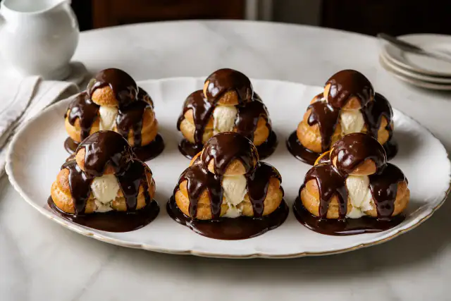 Profiteroles garnies de glace vanille et couvertes de sauce au chocolat chaude