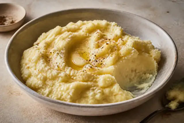 Purée de pommes de terre lisse avec beurre fondu et fine râpée de muscade
