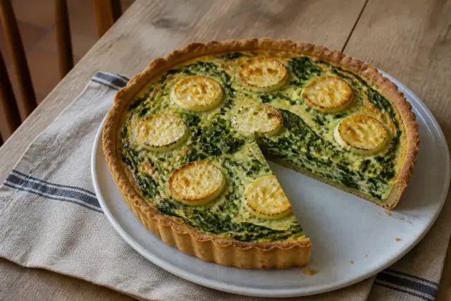 Quiche aux épinards et au chèvre dorée avec rondelles de fromage visibles