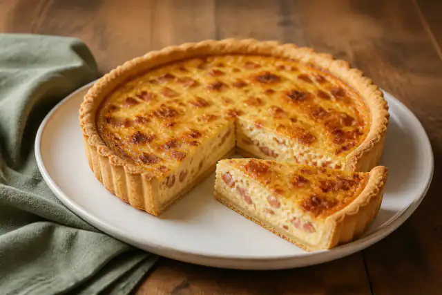 Quiche lorraine traditionnelle dorée avec une part découpée et des lardons visibles