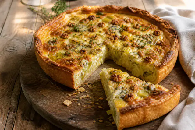 Part de quiche dorée aux poireaux, bleu et noix sur une assiette en grès