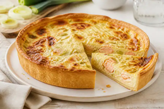 Part de quiche au saumon frais et poireaux avec garniture crémeuse et pâte dorée