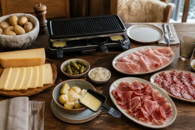 Raclette savoyarde avec fromage fondu, pommes de terre, jambon, rosette et cornichons