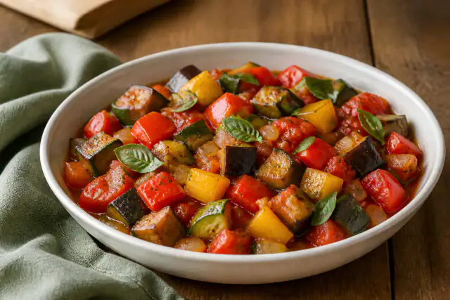 Ratatouille provençale colorée avec aubergines, courgettes, poivrons et tomates