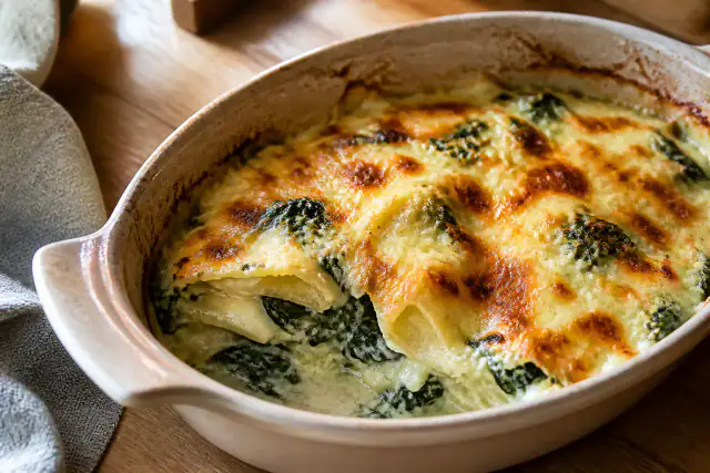 Ravioles gratinées aux épinards sous une couche de Comté doré