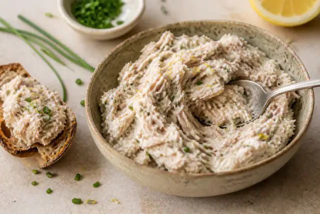 Rillettes de thon crémeuses au fromage blanc et ciboulette dans un bol
