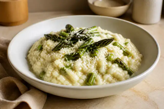 Risotto crémeux aux asperges vertes et parmesan dans une assiette creuse