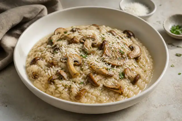 Risotto aux champignons crémeux avec riz Carnaroli, champignons dorés, fromage râpé et persil