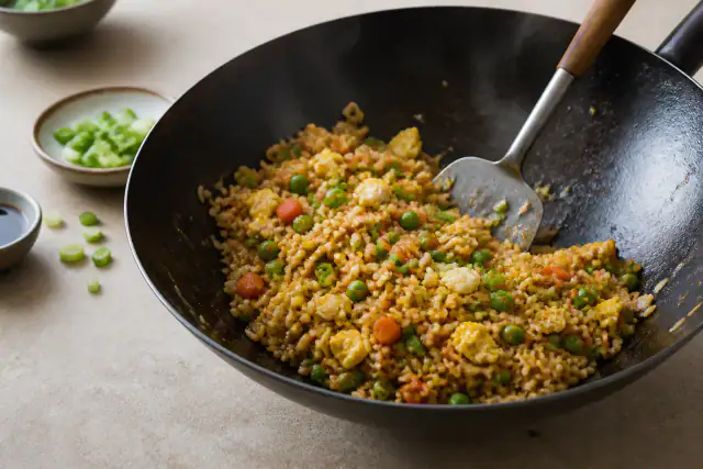 Riz sauté aux œufs avec carottes, petits pois, oignons nouveaux et sauce soja