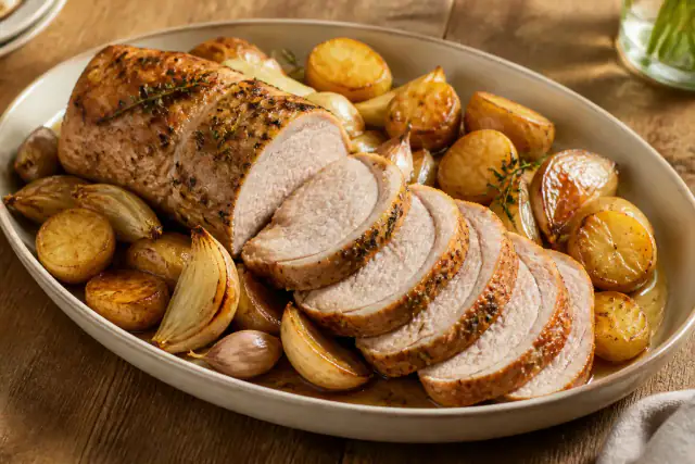 Rôti de porc tranché au four avec pommes de terre dorées, ail et jus de cuisson