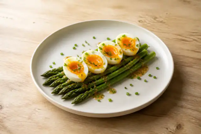 Asperges vertes tièdes avec œufs mollets ouverts et vinaigrette à la ciboulette