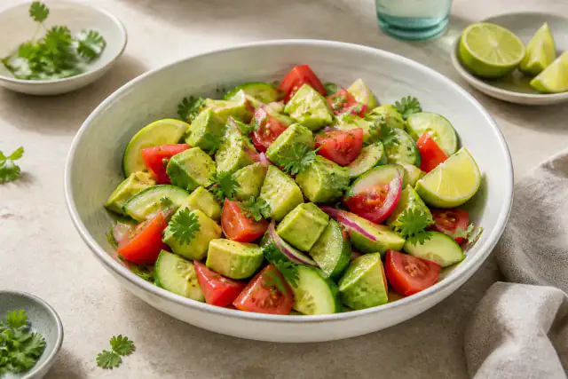 Salade d’avocat, concombre et tomate avec oignon rouge, coriandre et citron vert