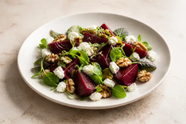 Salade de betteraves rouges avec chèvre frais, noix grillées et jeunes pousses