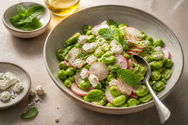 Salade verte de fèves avec radis roses, feta émiettée, menthe et citron