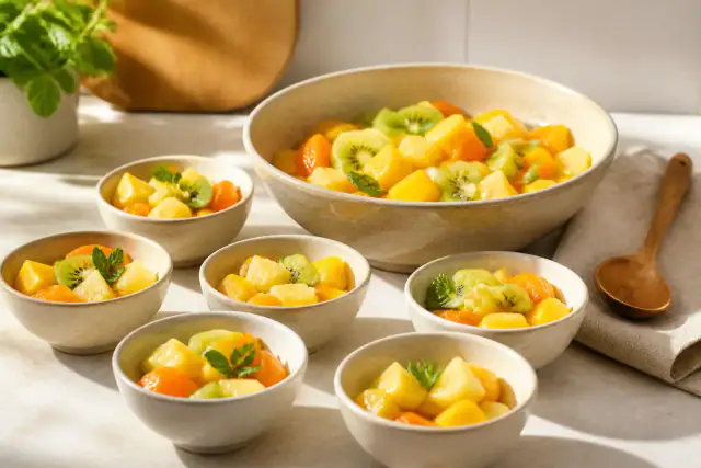 Salade de fruits colorée avec mangue, orange, ananas, kiwi et menthe