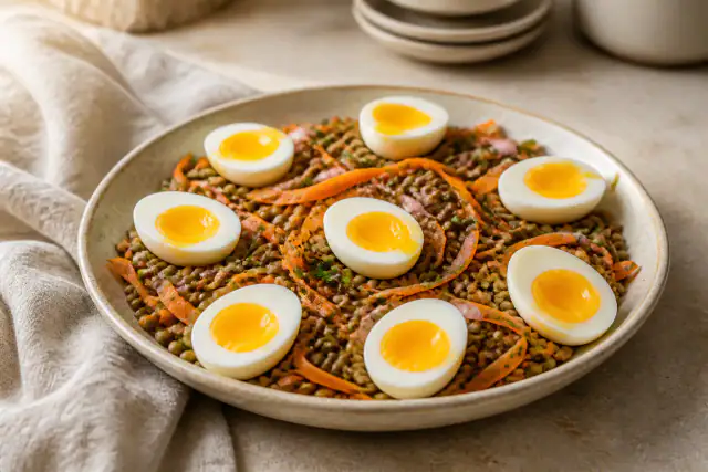 Salade de lentilles avec carottes, échalote et œufs mollets