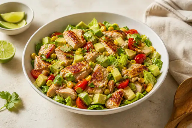 Salade de maïs avec morceaux de poulet doré, avocat, tomates et laitue