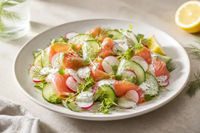Salade de saumon fumé avec radis roses, concombre, jeunes pousses et sauce citronnée