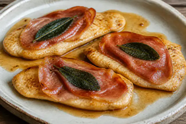 Saltimbocca de poulet dorés avec jambon cru, sauge et jus au vin blanc