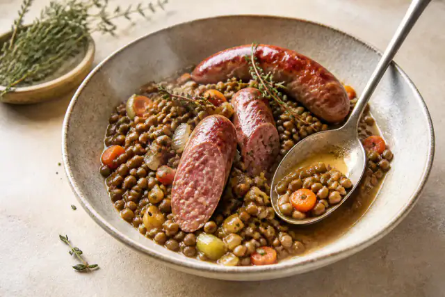 Saucisses dorées sur lentilles vertes mijotées avec carottes et poireaux