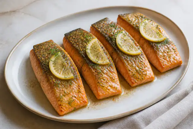 Pavés de saumon au four couverts d’une sauce dorée au miel, à la moutarde et au citron