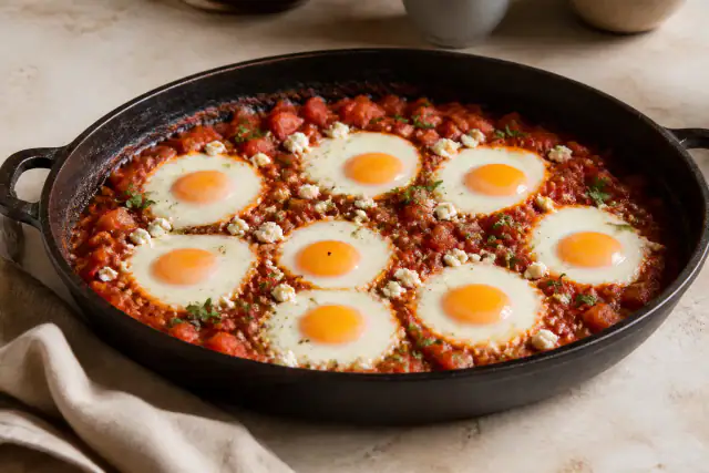 Shakshuka aux poivrons rouges avec œufs, feta émiettée et coriandre dans une poêle
