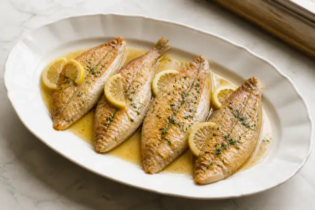 Sole meunière entière dorée au beurre avec citron et persil