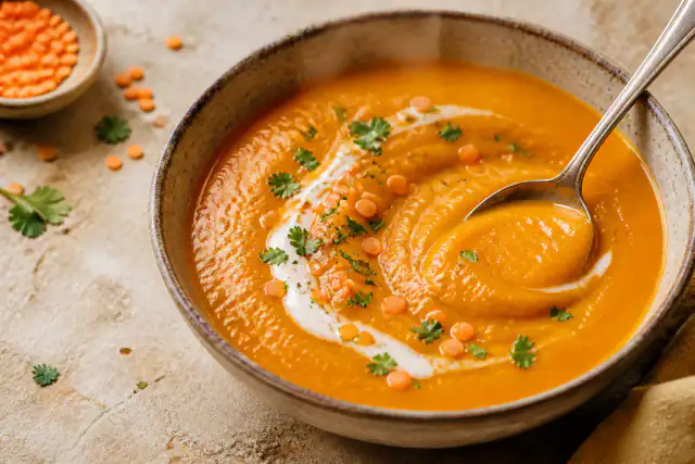Soupe orange de carottes et lentilles corail au curcuma avec filet de lait de coco