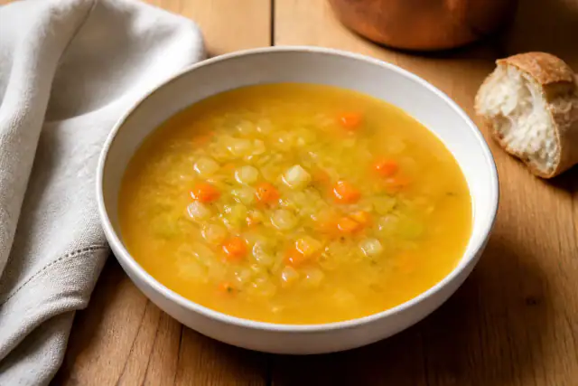 Soupe de légumes maison orange clair avec poireaux, carottes et pommes de terre