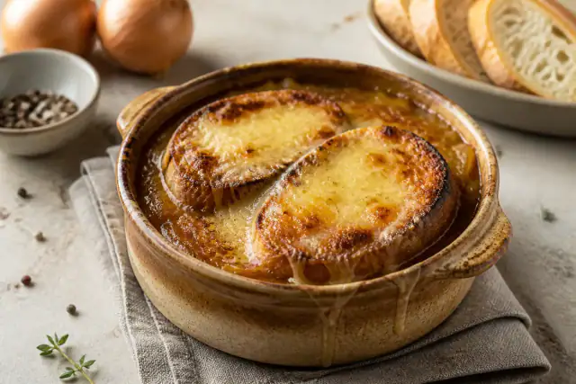 Soupe à l’oignon gratinée traditionnelle avec bouillon ambré, baguette et gruyère doré