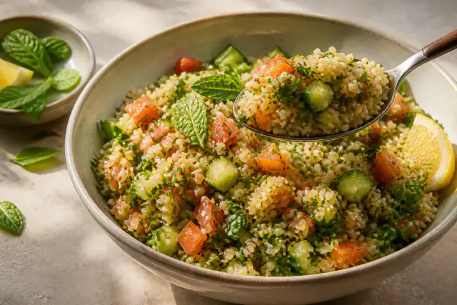 Taboulé de boulgour avec dés de concombre, tomates, persil, menthe et citron