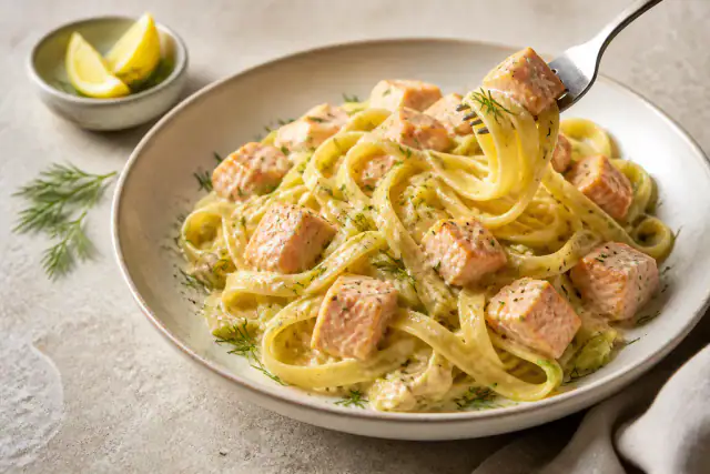 Tagliatelles crémeuses avec saumon, fondue de poireaux, citron et aneth