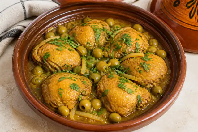 Tajine de poulet au citron confit avec olives vertes, oignons et coriandre