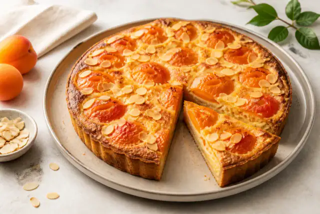 Tarte aux abricots et crème d’amande avec fruits dorés et amandes effilées