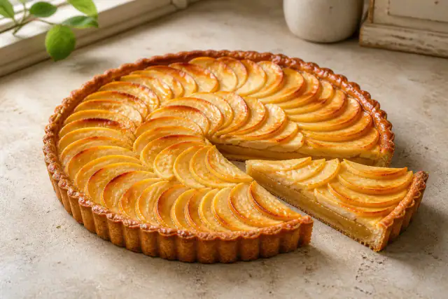 Tarte aux pommes traditionnelle avec pâte brisée, compote et rosace de fines lamelles dorées