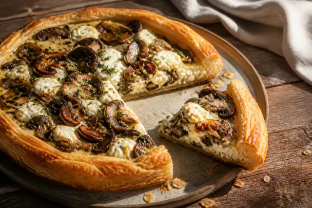 Tarte dorée aux champignons, ricotta citronnée et thym frais