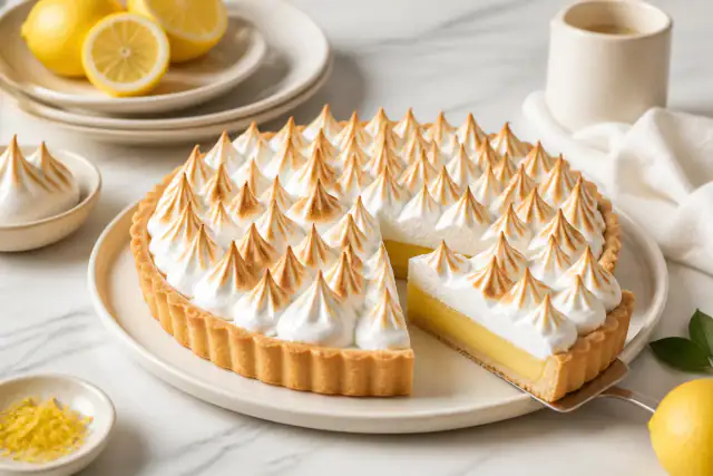 Tarte au citron meringuée avec pâte sablée, crème citron jaune et pointes de meringue dorées