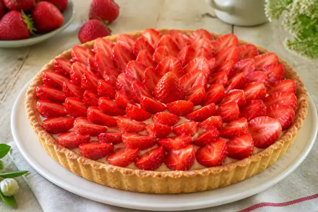 Tarte aux fraises fraîches sur crème pâtissière vanillée et pâte sablée dorée