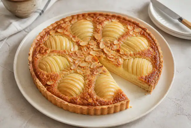 Tarte amandine aux poires avec demi-poires en éventail et crème d’amande dorée