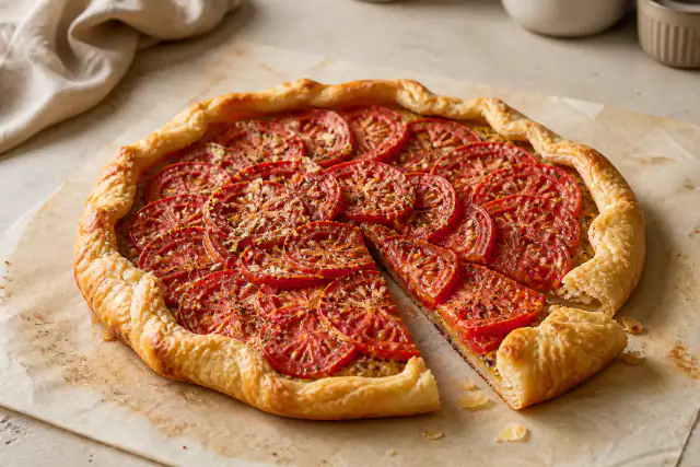 Tarte rustique aux tomates, moutarde et parmesan sur une pâte feuilletée dorée