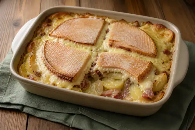 Tartiflette savoyarde au reblochon doré avec pommes de terre, lardons et oignons