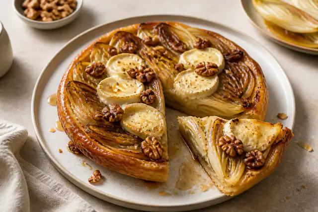 Tatin d’endives caramélisées garnie de chèvre et de noix grillées