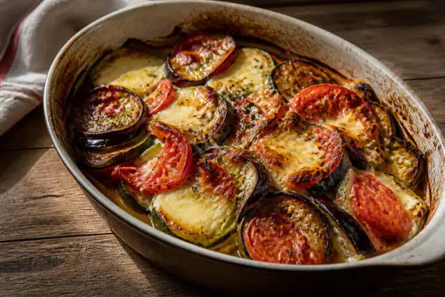 Tian rustique de courgettes, aubergines, tomates et mozzarella gratinée