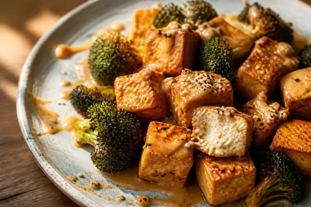 Tofu croustillant nappé de sauce cacahuète avec brocoli et graines de sésame