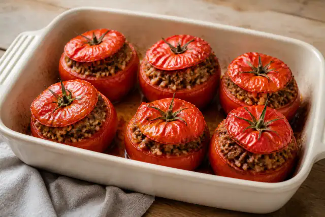 Tomates farcies au bœuf et au riz dorées dans un plat avec leur chapeau
