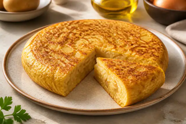 Tortilla espagnole épaisse et dorée coupée en parts avec pommes de terre et oignon visibles