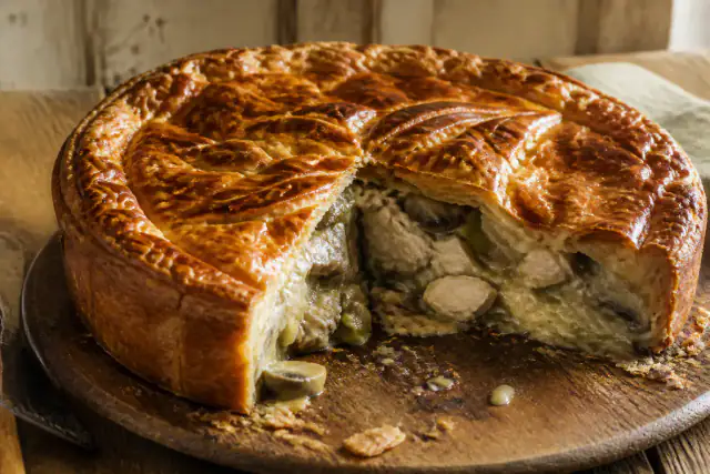 Tourte dorée au poulet, champignons et poireaux avec part découpée