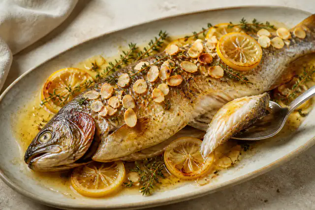 Truite entière rôtie au four avec citron, amandes effilées et thym